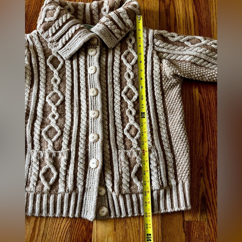 Aran Crafts Cable Knit Cardigan - Cream and Brown -  All Wool - Made in Ireland - Picture 7 of 9